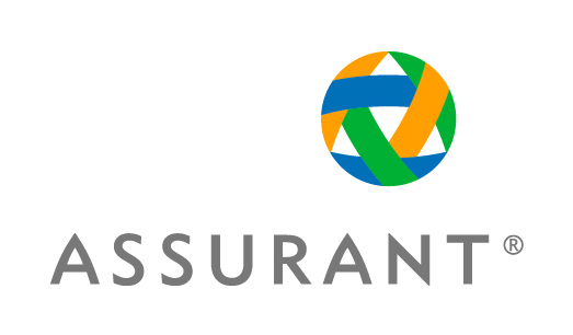 Assurant logo. A ball comprised of yellow, green, and blue intertwining stripes over Assurant in capitalized grey letters.