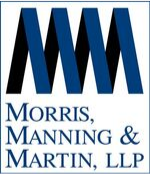 Morris Manning & Martin LLP logo. Three large black and blue connected upside down Vs to make three connected Ms with the name Morris, Manning & Martin LLP underneath and each name stacked on top of the other. Company name is in serif all capital blue letters.