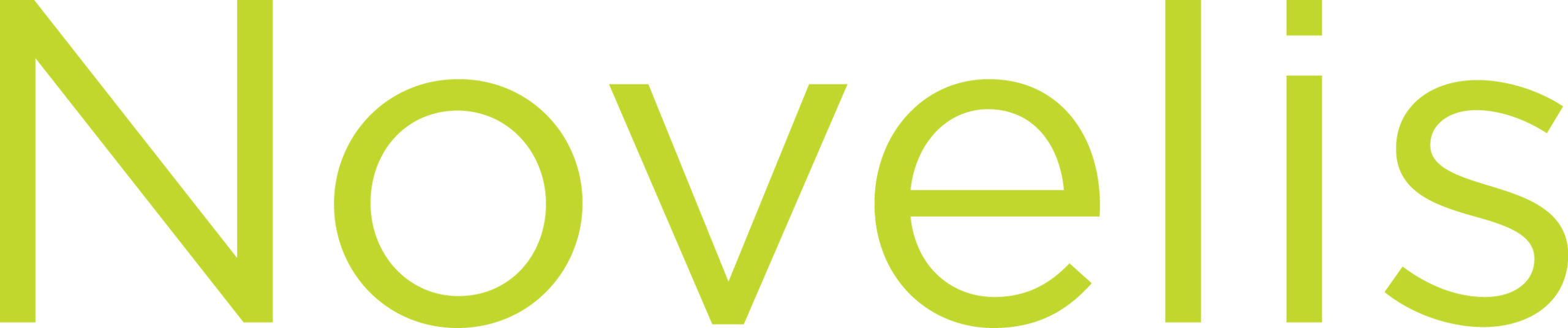 Novelis logo in chartreuse letters on a white background.