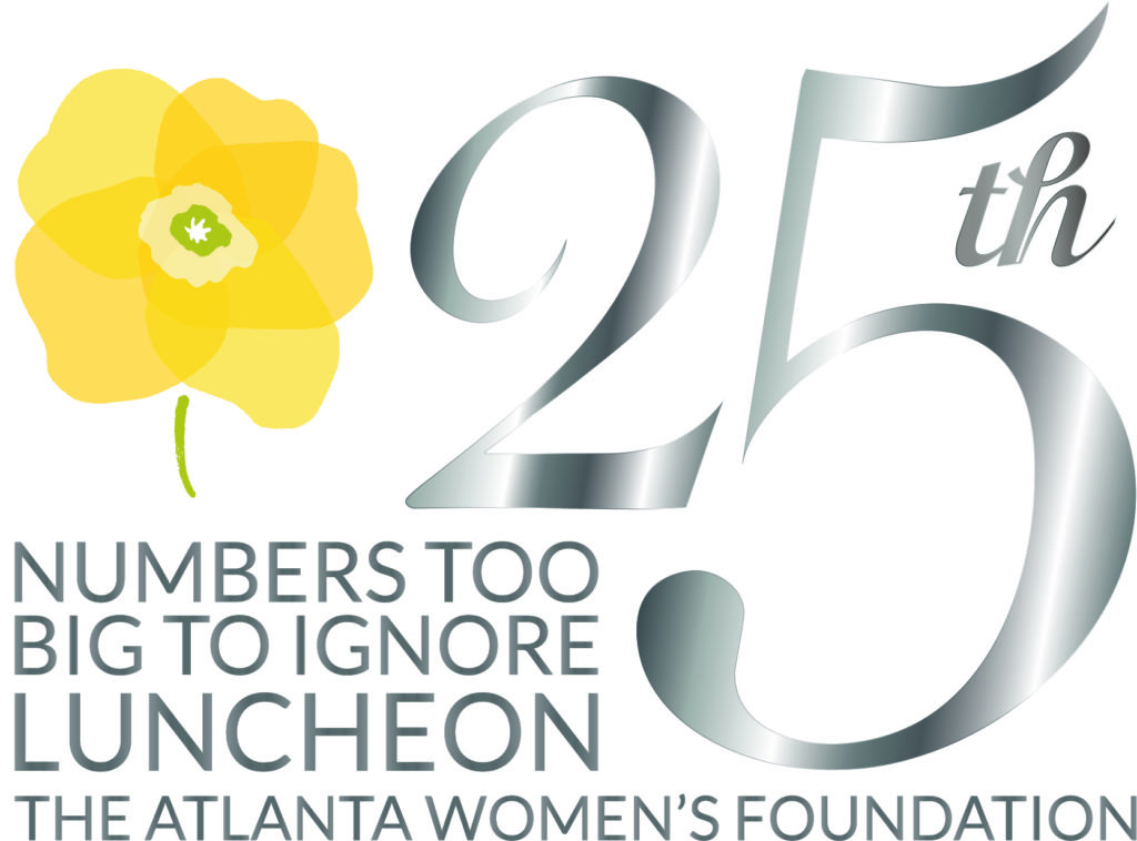 Yellow flower followed by the words 25th Numbers Too Big To Ignore Luncheon The Atlanta Women's Foundation in silver.