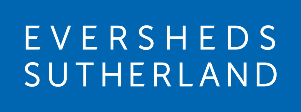 Eversheds Sutherland logo. Eversheds stacked on top of Sutherland on a blue background in white all capital letters.