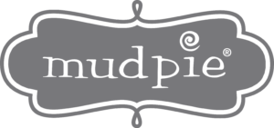 The text Mudpie in white, lowercase letters with a sprial over the letter i on a grey oval background.