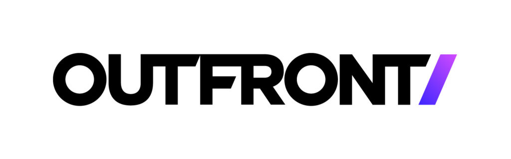 Outfront logo. Outfront is in black capital letters with a thick purple dash at the end of the company name.