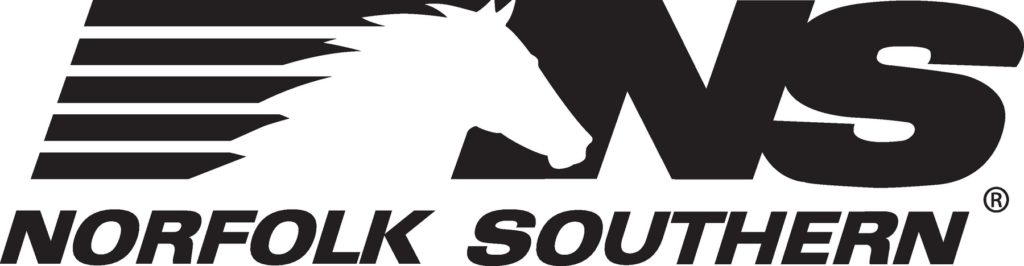 Norfolk Southern Logo. A white horse with black stripes from the back of its head next to the letters NS in black above the name Norfolk Southern in black.