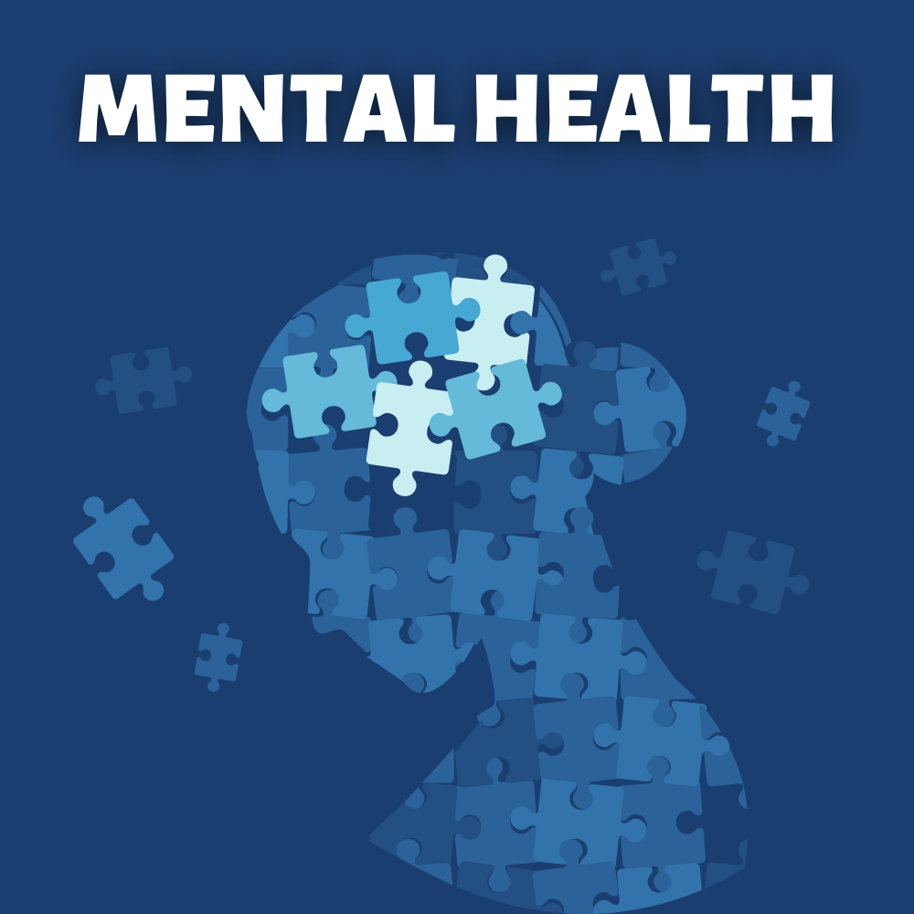 An illustration of a woman's head made up of puzzle pieces against a blue background with the words Mental Health above her head.
