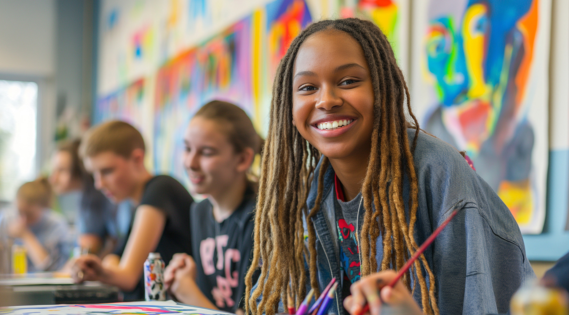 Smiling Teenage Girl Painting in Art Class with Classmates in Br